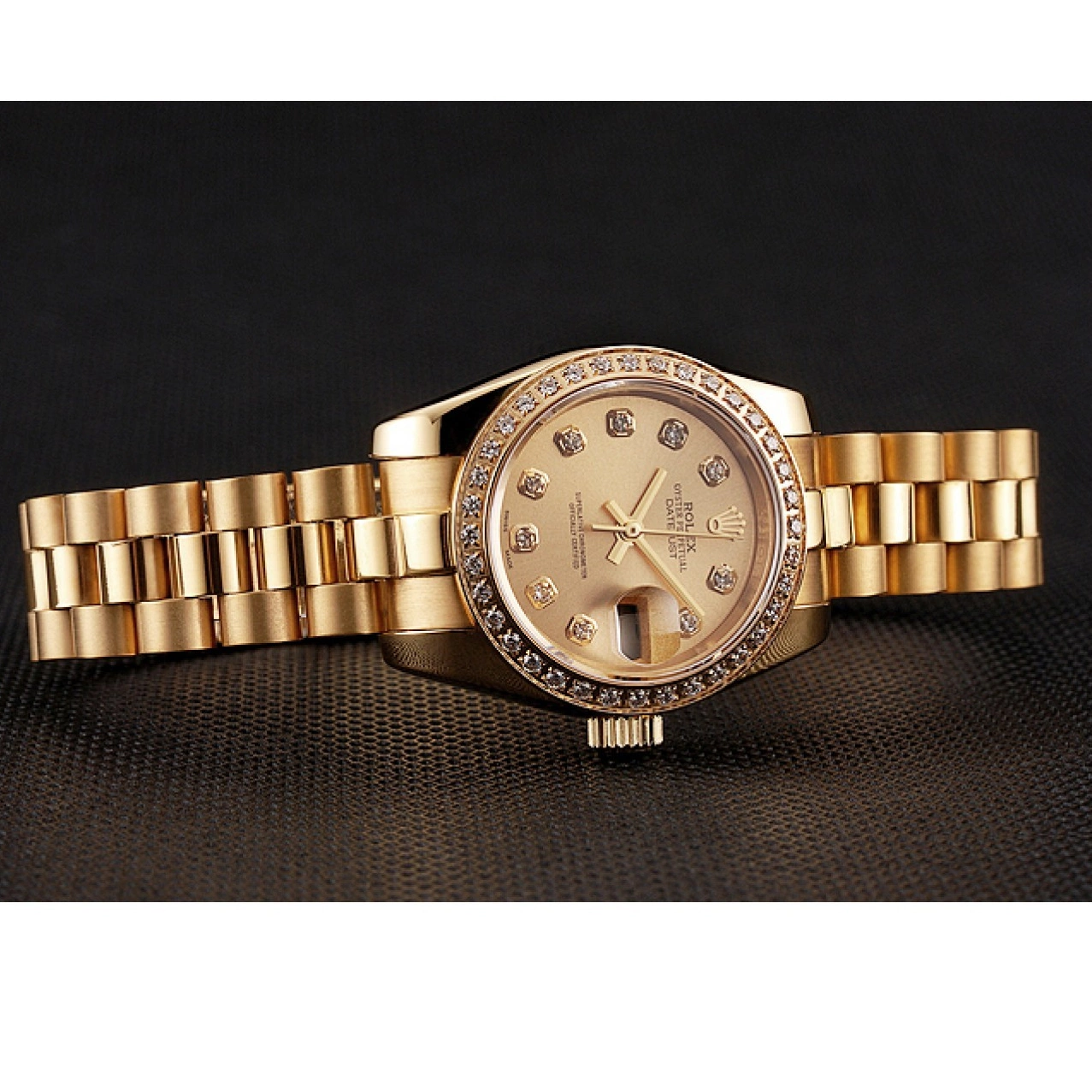 AAA Replica Watches Swiss 1454095 Gold Champagne Dial Diamond Bracelet Lady-Datejust Bezel Rolex 0806